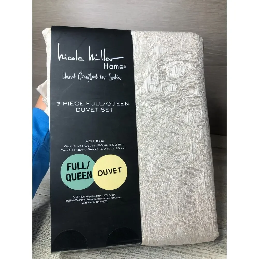 Nicole Miller Home 3 Piece Full Queen Duvet Set Beige Cream Two Tone Cover Shams